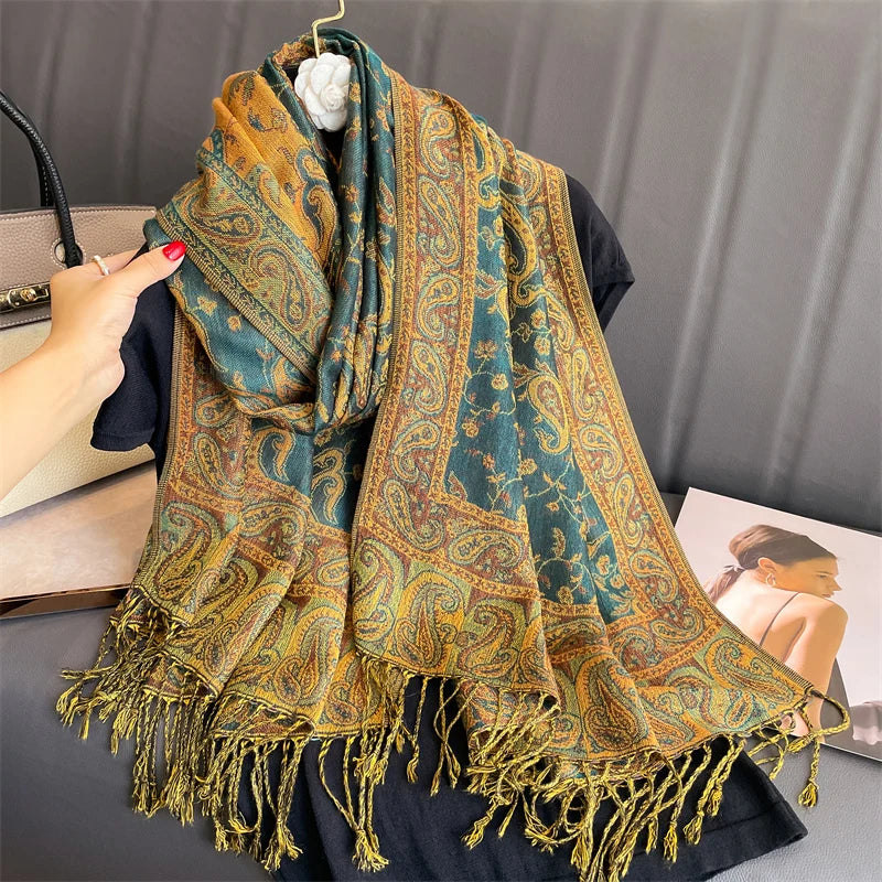 Soft and warm cashmere hijab with bohemian print, styled as a headscarf or wrap