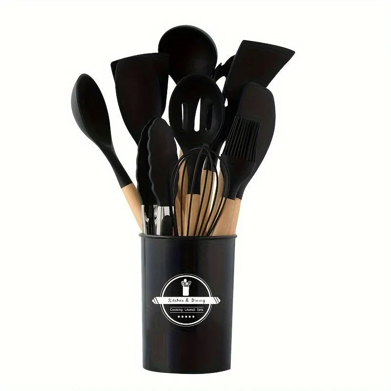 12-piece silicone kitchen utensil set with wooden handles and non-stick design