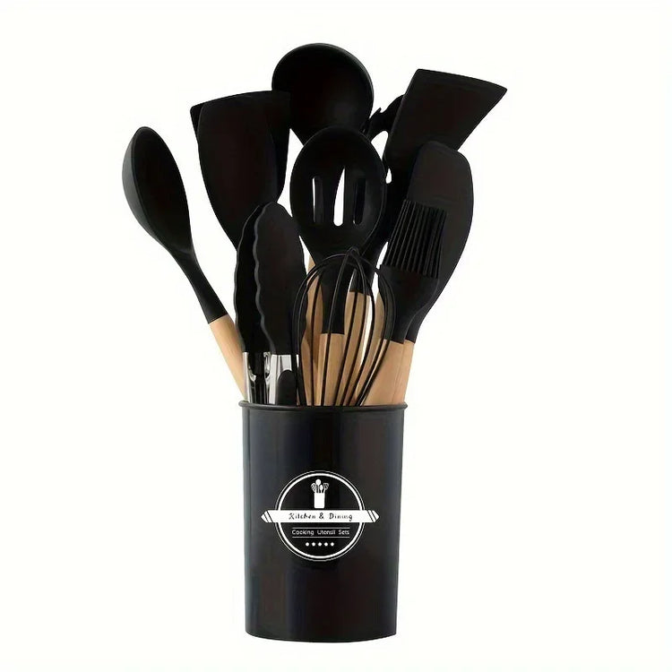 12-piece silicone kitchen utensil set with wooden handles and non-stick design