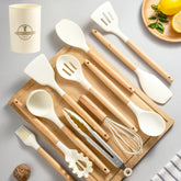 12-piece silicone kitchen utensil set with wooden handles and non-stick design