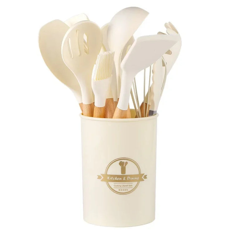 12-piece silicone kitchen utensil set with wooden handles and non-stick design