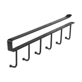 Space-saving coffee cup rack with six hooks for cabinet or shelf mounting