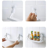 Self-adhesive plastic bathroom shelf for shampoo and towel storage