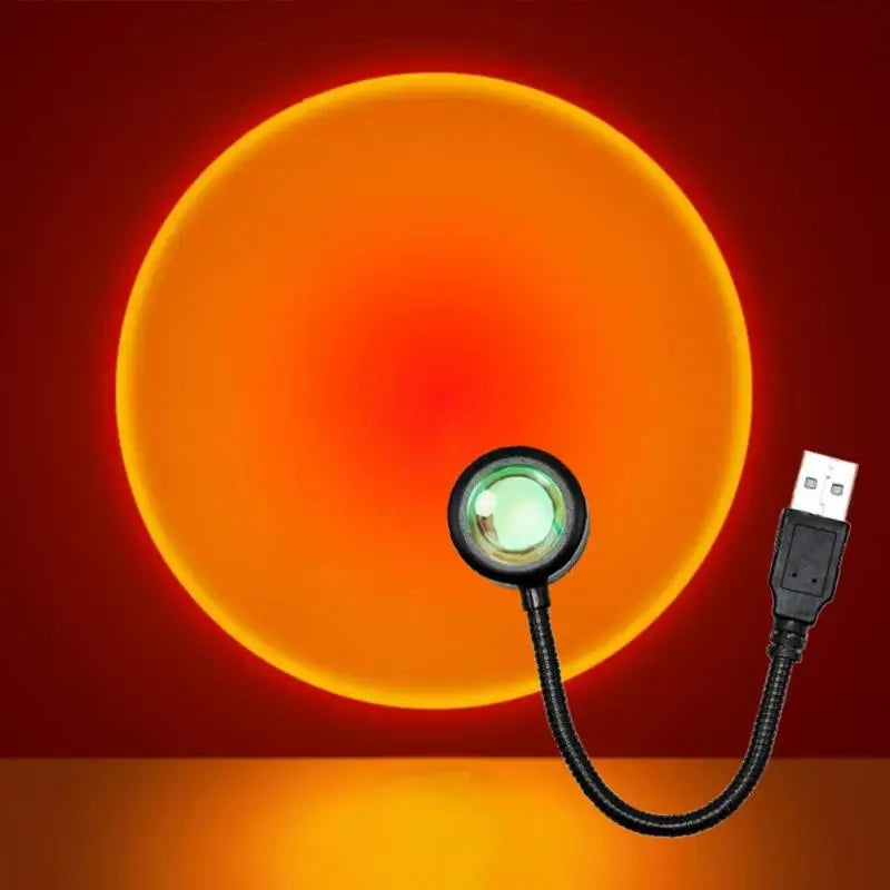 Sunset projection lamp illuminating room with colorful light