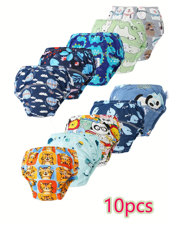 10pcs Baby Training Pants - Breathable Mid-Rise Diaper Training Pants with Cute Animal & Holiday Patterns Soft Stretchy Fabric