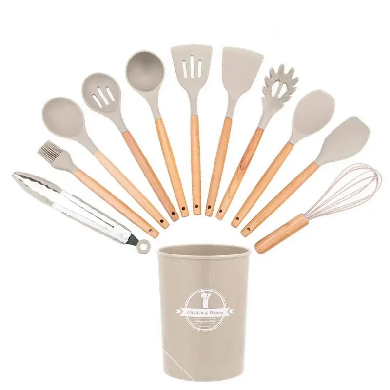 12-piece silicone kitchen utensil set with wooden handles and non-stick design