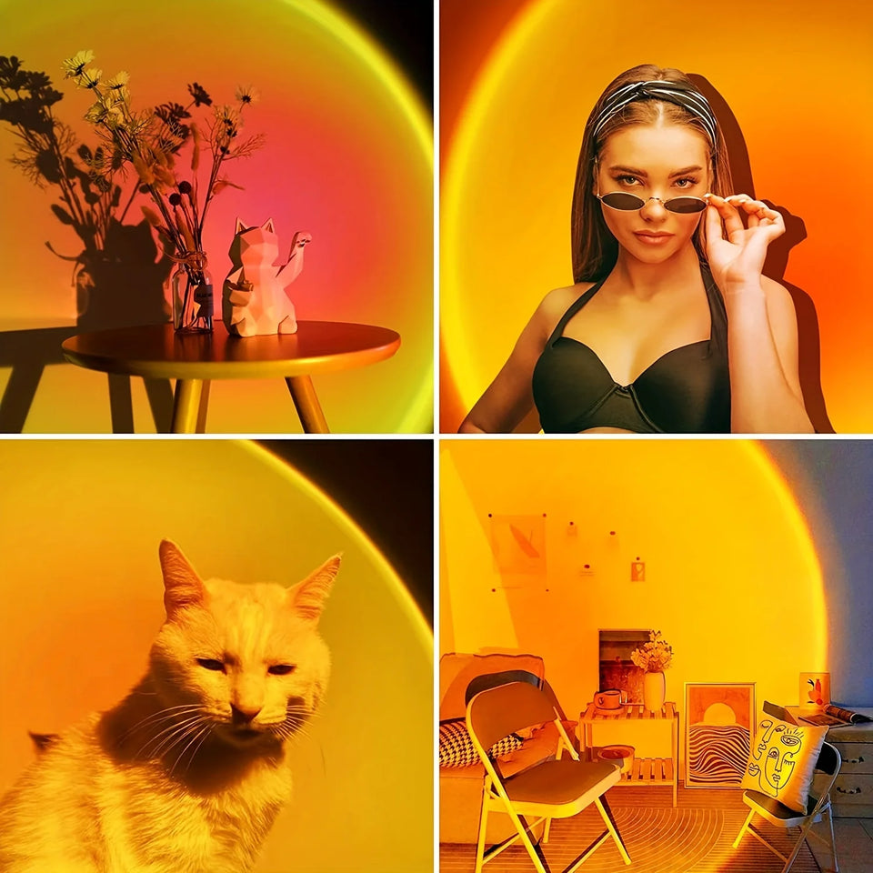 Sunset projection lamp illuminating room with colorful light