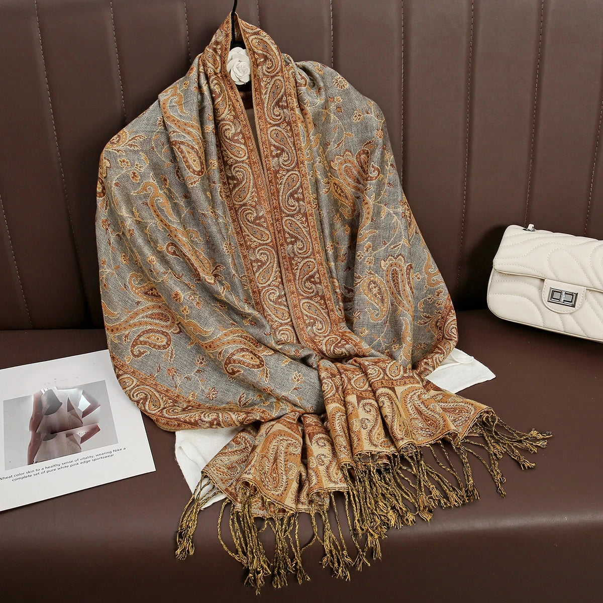 Soft and warm cashmere hijab with bohemian print, styled as a headscarf or wrap