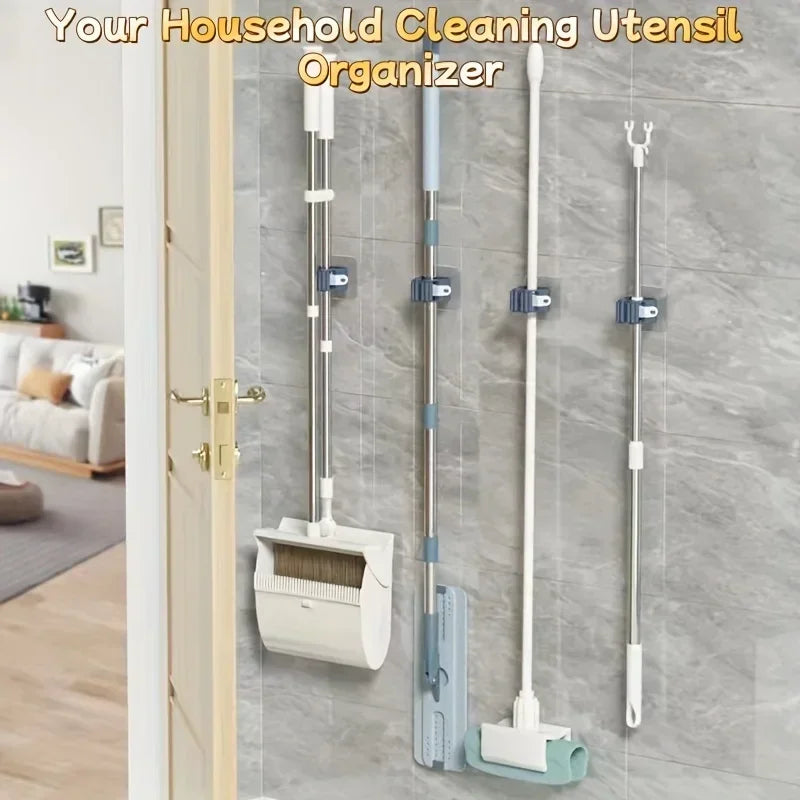 Mop and broom organizer with hooks for wall mounting