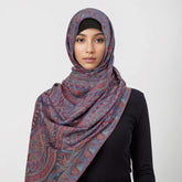 Soft and warm cashmere hijab with bohemian print, styled as a headscarf or wrap