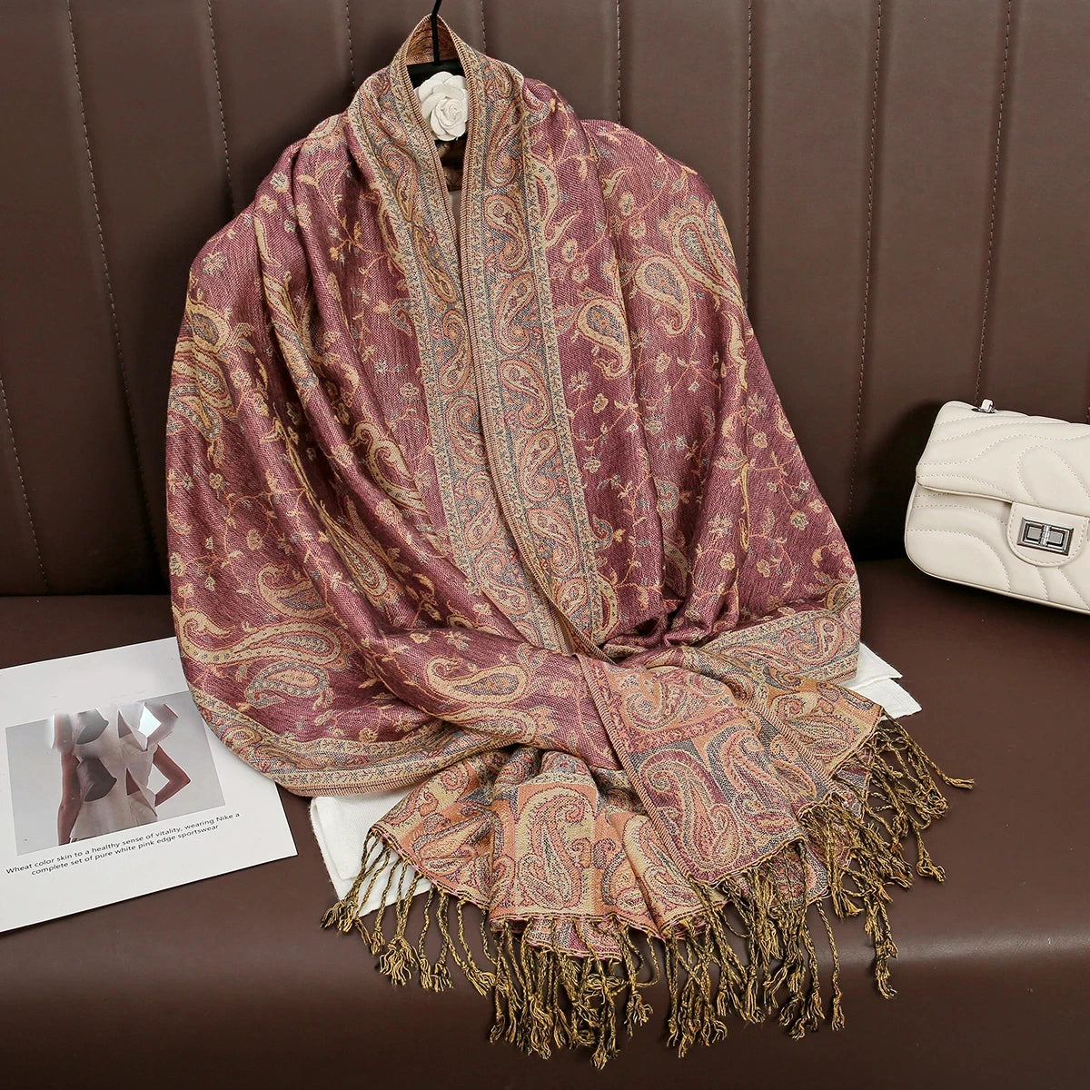 Soft and warm cashmere hijab with bohemian print, styled as a headscarf or wrap