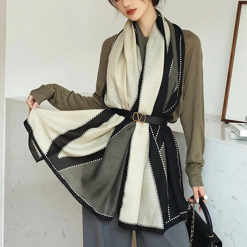 Elegant striped shawl wrap with tassel ends, suitable for casual and formal wear