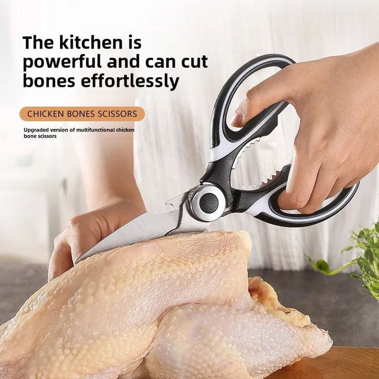 Heavy-duty stainless steel kitchen scissors with thickened blades for cutting chicken bones