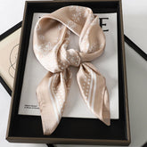 Luxury brand silk plaid square scarf for women, styled as a neck or hair tie