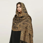 Soft and warm cashmere hijab with bohemian print, styled as a headscarf or wrap