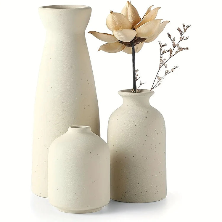 Set of 3 ceramic vases in neutral tones, ideal for rustic and farmhouse home decor