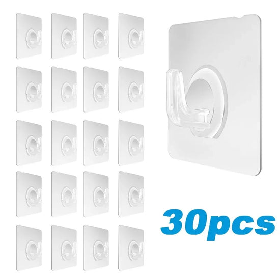 Set of 30 transparent self-adhesive wall hooks for keys, towels, and kitchen utensils