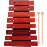 Children’s wooden xylophone featuring eight tuned metal bars and two wooden mallets