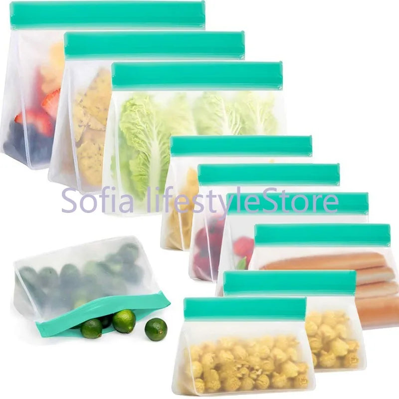 4-10Pcs/Set Stand Up Food Storage Bag Reusable Freezer Sandwich Ziplock Silicone PEVA Bag Kitchen Organizer Storage Fresh Bags