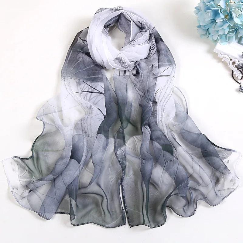 Elegant floral silk scarf by RUNMEIFA, used as a summer headscarf or body wrap