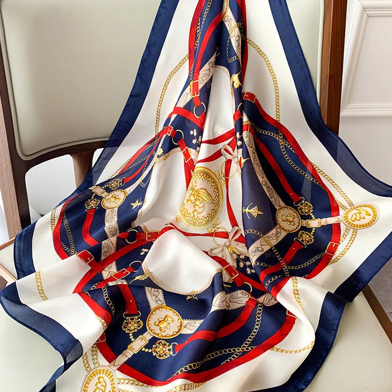 Luxury brand silk plaid square scarf for women, styled as a neck or hair tie
