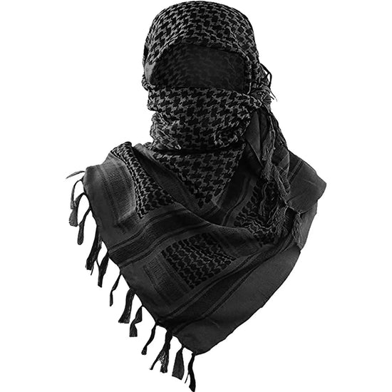 Arab shemagh scarf with traditional houndstooth pattern, styled as a face and neck wrap for sun protection