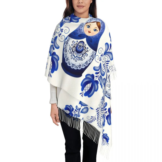 Soft and cozy scarf with colorful Matryoshka doll design