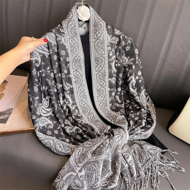 Soft and warm cashmere hijab with bohemian print, styled as a headscarf or wrap