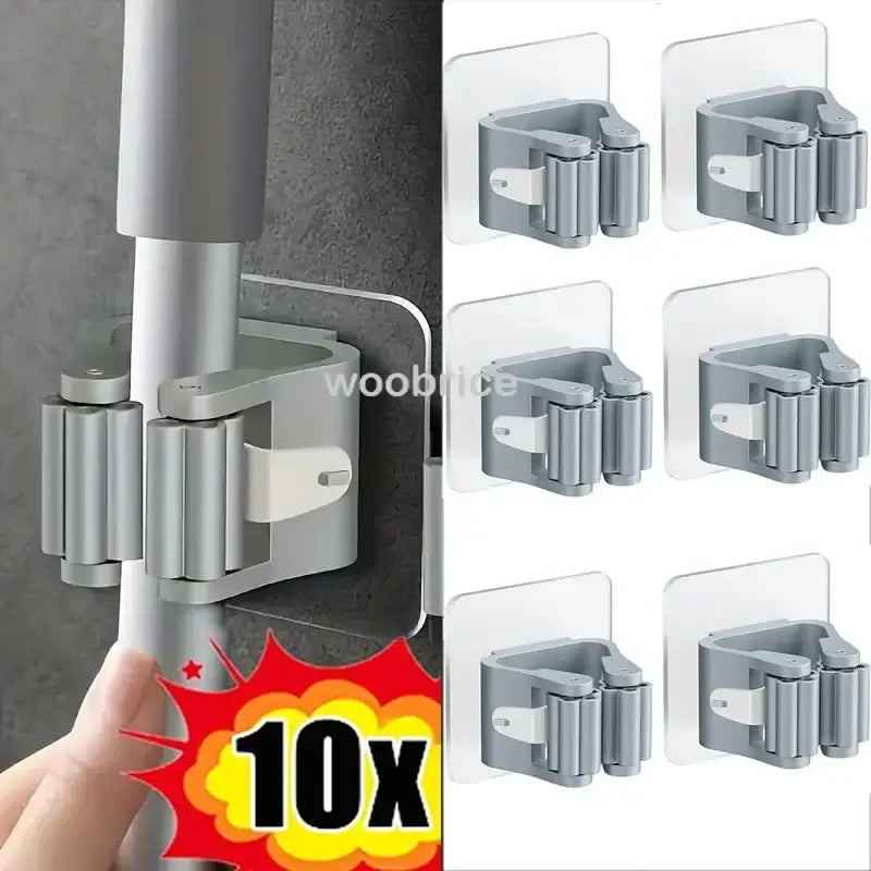 Mop and broom organizer with hooks for wall mounting