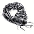 Arab shemagh scarf with traditional houndstooth pattern, styled as a face and neck wrap for sun protection