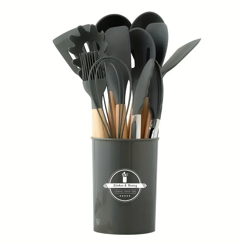 12-piece silicone kitchen utensil set with wooden handles and non-stick design