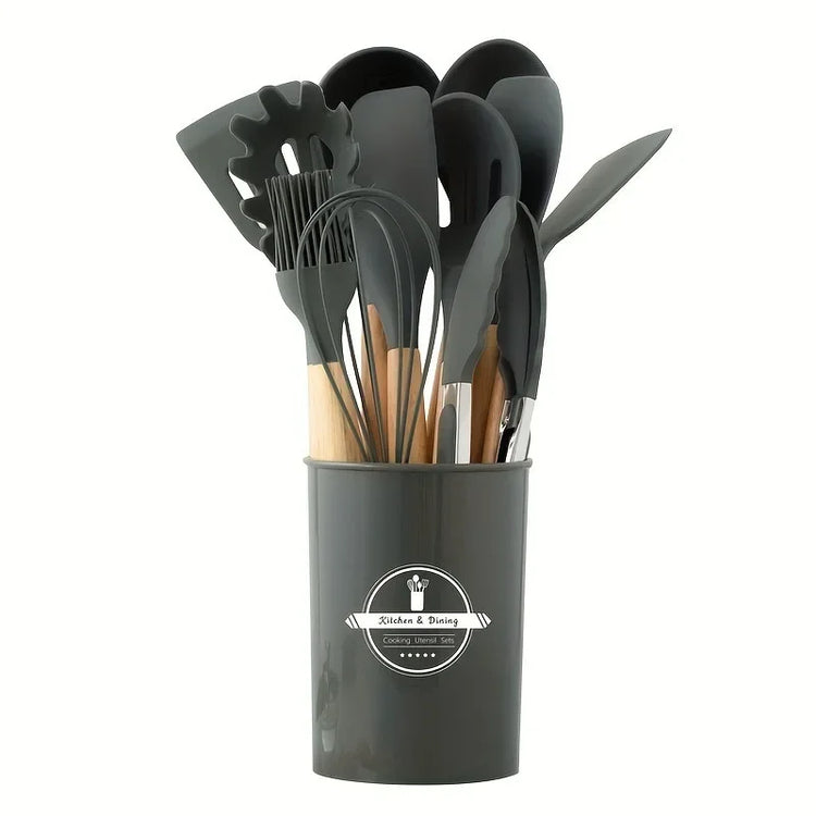 12-piece silicone kitchen utensil set with wooden handles and non-stick design