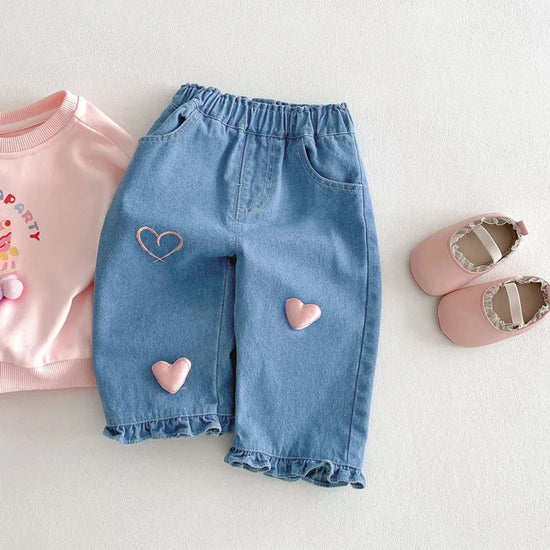 New Spring Kids Jeans 0-5T Baby Cute Love Heart Casual Trousers Trendy Children Girls Thin Style Denim Blue Pants