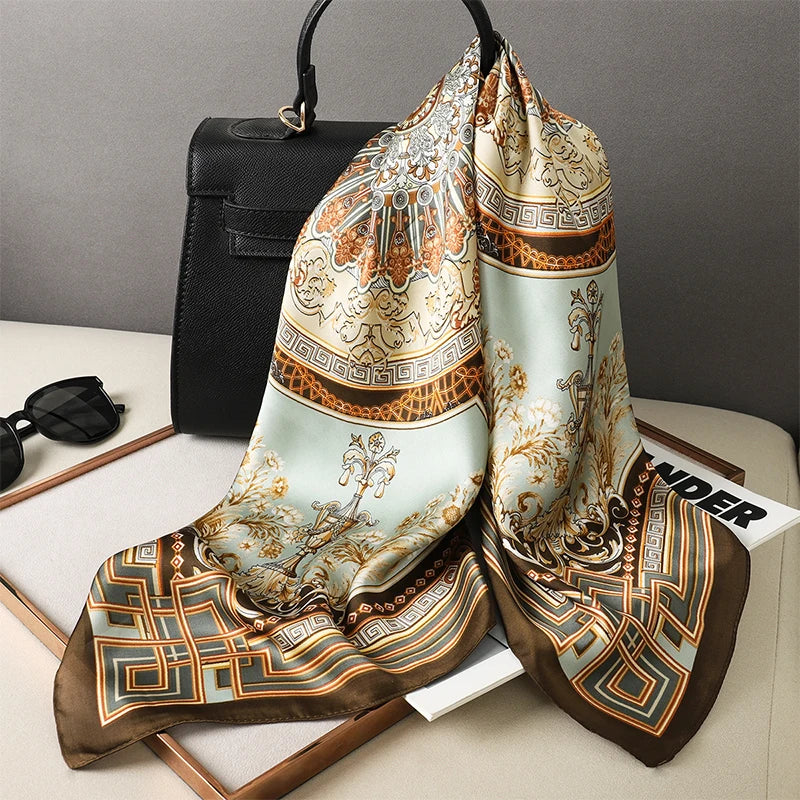 Luxury brand silk plaid square scarf for women, styled as a neck or hair tie