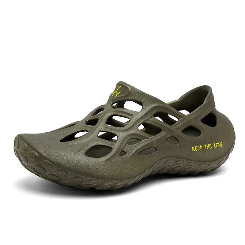 Men’s lightweight EVA clogs with ventilation holes in white, red, and blue