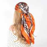 Luxury brand silk scarf for women, 90x90cm square, worn as a summer hijab or hair wrap