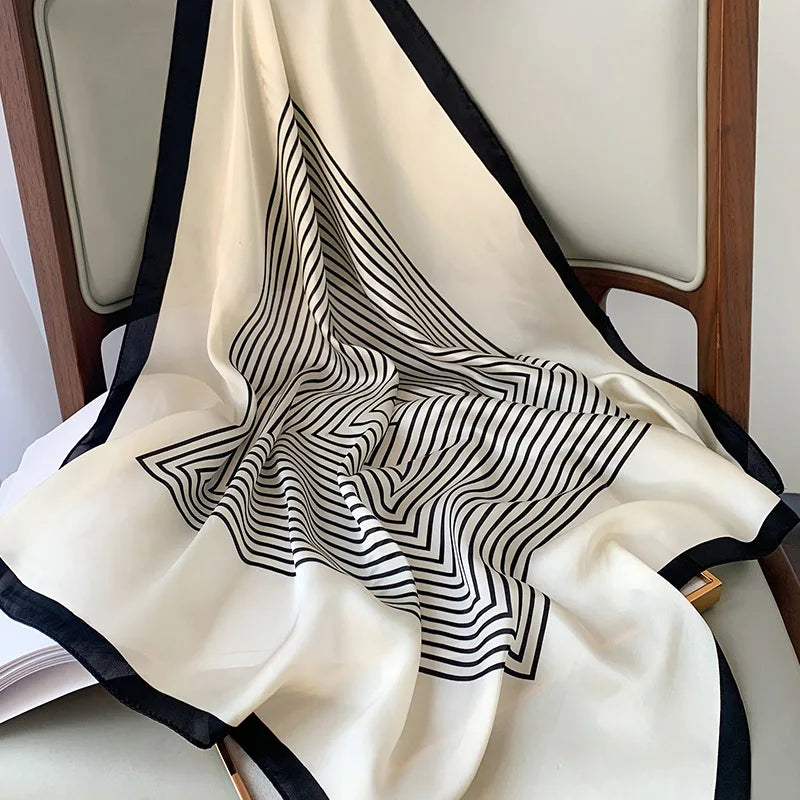 Luxury brand silk plaid square scarf for women, styled as a neck or hair tie