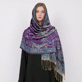 Soft and warm cashmere hijab with bohemian print, styled as a headscarf or wrap