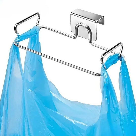 Space-saving kitchen trash rack for cabinet door garbage bag organization