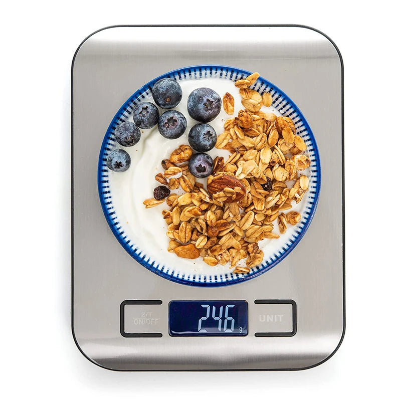 Electronic food weighing scale with tare function and backlit LCD screen