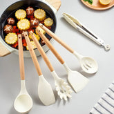12-piece silicone kitchen utensil set with wooden handles and non-stick design