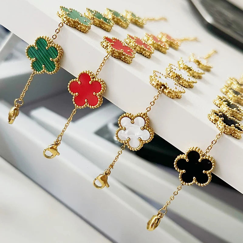 2024 New Luxury Bracelet Women Double-sided Flower Valentines Day Gift Couple Bracelets Stainless Steel Jewelry Clover Fashion